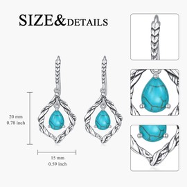 Genuine Turquoise with Vintage Filigree Hook Earrings 925 Sterling Silver 6 * 8mm Teardrop Turquoise Boho Dangle Earrings for Anniversary Women Gifts