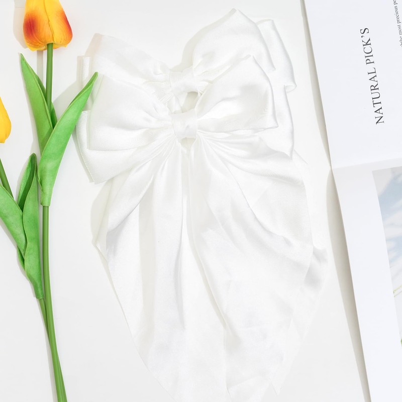 2Pcs Satin Hair Ribbon Bows for Girls, Long Tail Hair