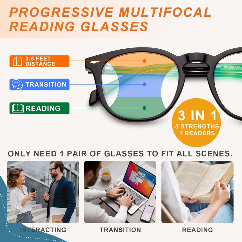 JO Progressive Multifocus Reading Glasses Unisex Progressive Reader (Black, 3,