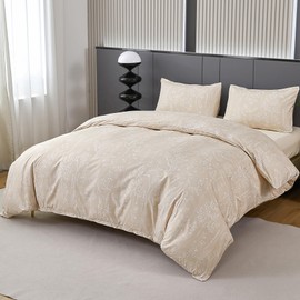 Jemiipee Bed Linen 135 x 200 cm Beige Floral Pattern Duvet Cover 135 x 200 cm Pillowcase 80 x 80 cm Duvet Cover Reversible Bed Linen Soft with Zip