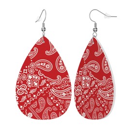 Red Bandanna Paisley Faux Leather Teardrop Earrings for Women Drop Dangle Earrings Gift