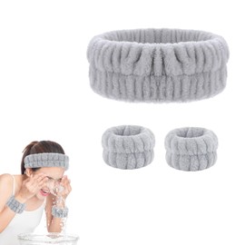 Spa Wristbands Headband Set,3 PCS Spa Headband,Face Wash Headband Wrist Band,Makeup Skincare Headband Wrist Bands,for Face Washing, Spa,Shower, Makeup Removal Hair Accessories(grey)