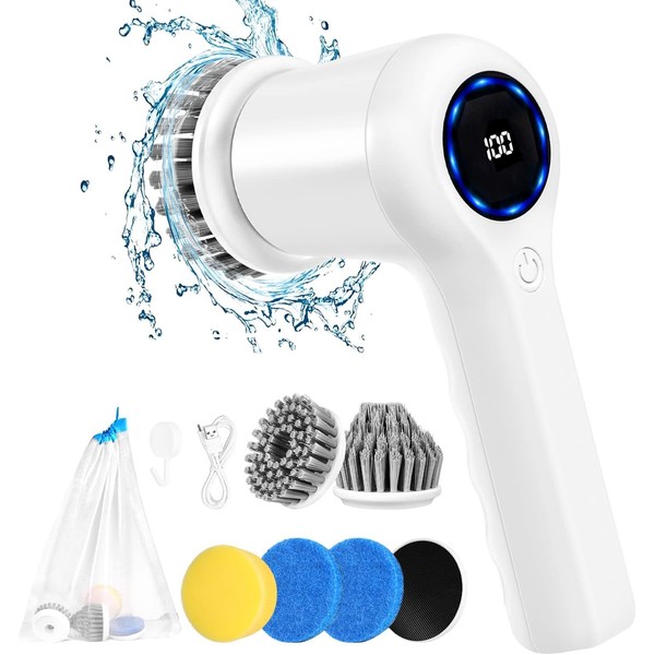 ERAVOR Electric Spin Scrubber, Rechargeable Bathroom Scrubber & Cordless Shower Scrubber for Cleaning Tub/Tile/Sink/Floor/Window丨Power Scrubber with 6 Replaceable Cleaning Brush Heads