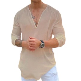 Rela Bota Mens Cotton Linen V-Neck Shirt Solid Hippie Shirts Yoga Henley Shirt Hawaiian Beach Wear Khaki M