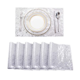 Sequin Placemats Set of 6, Heat-Resistant Dining Table Mats, Stain-Resistant Kitchen Table Placemats, Elegant Sparkle Placemat for Party Wedding Accent Centerpiece Decoration(Silver, 18" x 12")