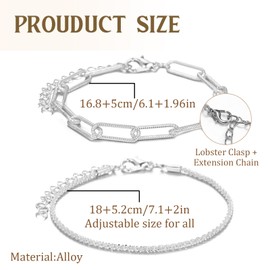 XSDSLS 2 Stück Silber Armband Set Damen,Stapelarmbänder Kreuz Anhänger Paperclip Armbander Herz Stern Verstellbar CZ Armbander Geschenke für Damen Mädchen (Herz)
