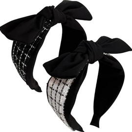 Jseng 2Packs Knotted Headbands for Women, Bow Headbands, Cute Rabbit Ear Grid Hairbands White, Black