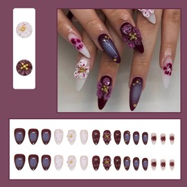 30 Pcs Purple Press on Nails Short Almond YIHONGYAN Fake French Nails Press ons Arcylic Glossy Full Cover False Nails with Cat's Paw and Flower Summer Glitter Glue on Nail Art for Women Manicure