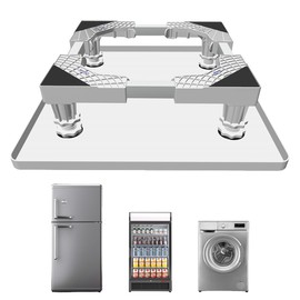 KUPAO Mini Fridge Stand with Silicone Drip Tray, Universal Adjustable Base with 4 Strong Feet, 23.6" x 23.6" Mini Fridge Mat, Suitable for Small Refrigerators, Portable Compact Washer or Dryer, White