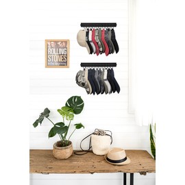 Mkono Hat Rack for Wall Wooden Baseball Caps Organizer with 20 Hooks Rustic Cowboy Hat Hanger Wall Mounted Caps Display Rack for Closet Bedroom Entryway, Set of 2, Black