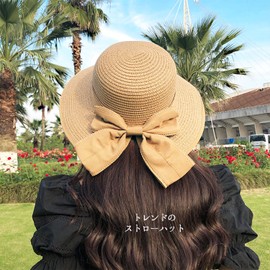 Lapimou Bucket Hat, Straw Hat, Wide Brim, Sunburn, UV Protection, Foldable, Hat, Women's, Large Size, Ribbon, Bowknot, Spring, Summer, Travel, Sea, Beach, Resort, Gardening, Stylish, Popular, Korea