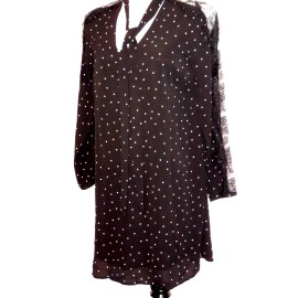 K by Kersh NWT K by KERSH BLACK & WHITE POLKA DOT SWING DRESS SIZE L TIE NECK LACE SLEEVES