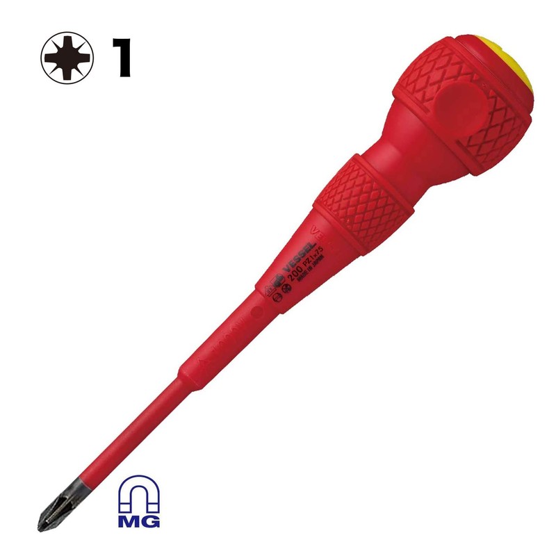 VESSEL Ball Grip VDE Screwdriver (Insulated) PZ1x75