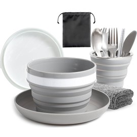 Muorruo Camping Plates, Bowl, Cup, Cutlery Set for 1 Person, Foldable Portable Camping Plate and Bowl Set, Dinnerware Set for Hiking, Travelling and Outdoors, Grey