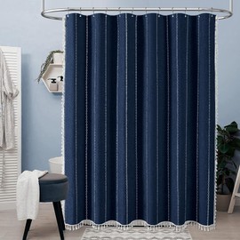 BTTN Stall Fabric Shower Curtain - 54x78 Boho Striped Linen Heavy Duty Tassel Shower Curtain Set with 10 Hooks, Narrow Rustic Modern Farmhouse Bohemian Thick Shower Curtains for Bathroom - Navy Blue