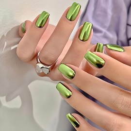BFY Press on Nails Short Square, Green Chrome Fake Nails, Mirror Metal Acrylic Nails Set Stick Glue on Nails, Shiny Glossy False Nails Elegant Women Girls Nail Accessories Decorations 24 Pcs