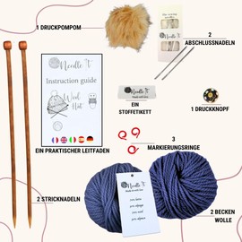 Needle It® Knitting Set Hat Complete Blue - Wool Hat for Knitting Yourself for Children and Adults - Complete Set with Needle, Ball and Instructions - French Wool