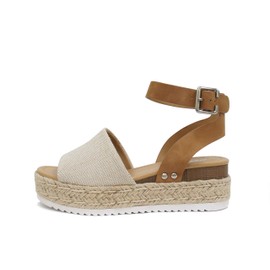 Soda Topic Open Toe Buckle Ankle Strap Espadrilles Flatform Wedge Casual Sandal (Beige Canvas/Tan, us_footwear_size_system, adult, numeric, medium, 9)