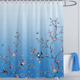 LIVETTY Ombre Blue Bird Extra Long Shower Curtain 200cm × 200cm Drop Floral Butterfly Fabric Bathroom Curtain Mould Proof Spring Washable Shower Curtain With 12 Hooks