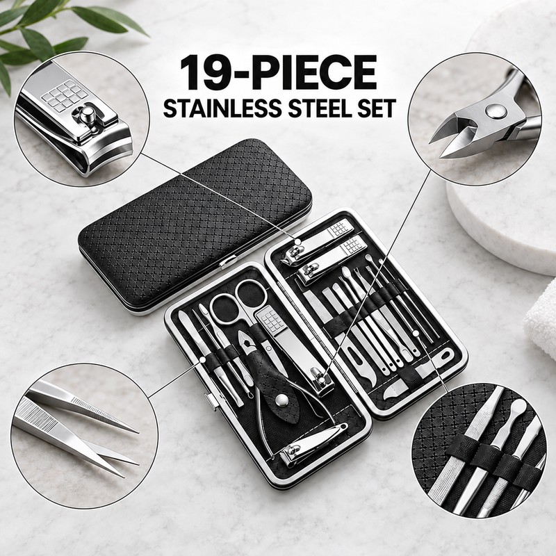 19-Piece Nail Clipper Set with Leather Case – Stainless Steel