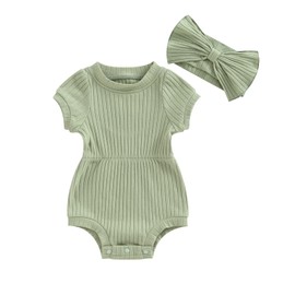 Edhomenn Baby Girls 2 Piece Outfits Solid Color Short Sleeve Romper with Bow Headband Set Newborn Girl Summer Clothes (01 Pea Green, 6-9 Months)
