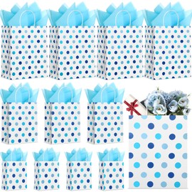 Humyoun 12 Pack Graduation Gift Bags(4 Small 6.5" 4 Medium 9.6" 4 Large 13") with Tissue Paper St. Patrick's Day Treat Bag for Mother's Day Easter Birthday Bridal Shower(Blue Dots)
