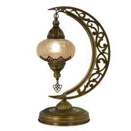 mozaist Turkish Clear Glass Moon Shape Table Lamp, Vintage Moroccan Crescent Bohemian Desk Light, Rustic Living Room Antique Glam Home Decor Lighting, Luna Design Bedside Nightstand (Crack Clear)