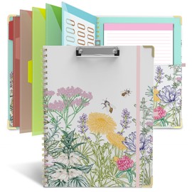 Clipboard Folio with Storage 8.5 X 11 Padfolio Notebook, Clipboards with Notepad Spiral with 10 Pockets and 5 Folders Nursing Teacher School Essentials (Wild Flowers)