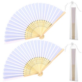 Grevosea 2 Pcs Folding Hand Fan, White Nylon-Cloth Vintage Retro Fabric Hand Held Fan Chines/Spanish Foldable Fans for Men/Women Wedding Party Favor Performance Dance Home Decorations Festival Gift