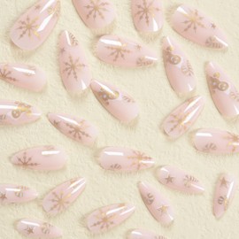 Christmas Press on Nails Almond Shaped Glossy Full Cover Acrylic Medium Almond Winter False Nails with Gold Snowflake Designs Artificial Holiday Fake Nails with Glue ons Fingernails for Women