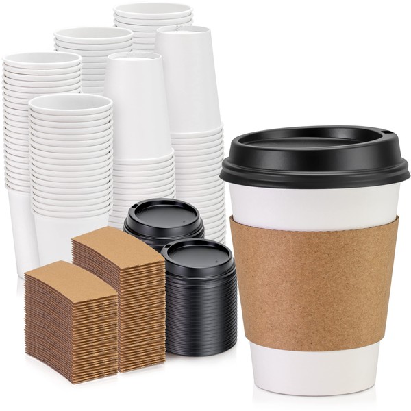 Hot Beverage Disposable White Paper Coffee Cup with Black Dome Lid and Kraft Sleeve Combo, Small Tall 500 Count (Pack of 1) 12 oz