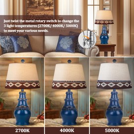 Hamucd Farmhouse Rustic Table Lamps Set of 2 for Living Room,3-Color Temperature Dimmable Southwest Bedroom Nightstand Lamps for Tribal Decor,Native American Bedside Lamp with 2 Bulbs