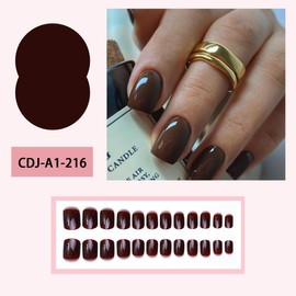 Pure Brown Press on Nails Short Square Fall Fake Nails with Design Solid Color Glue on Nails Glossy Acrylic Nails Reusable Artificial False Nails for Women Girls Daily Wear Manicure 24pcs