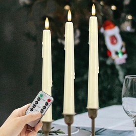 SEHNSY Dripless Flameless Taper Candles with Remote, Real Wax Battery Operated LED Candles Set with 3D Flickering Flame, 9.6" Realistic Dripless Candlesticks for Wedding Home Decor, 3 Pack Ivory