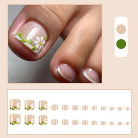 24pcs Square Press On Toenails French Tip Fake Toenails With Flower Design Short False Toenails Spring Acrylic Toenails Cute Toenail Press Ons Summer Stick On Toenails For Women