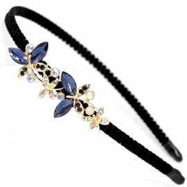 Crystal Flower Butterfly Hair Hoop Rhinestone Pearl Headband 1920s French Hair Band Vintage Velvet Hair styling Headpiece Accessories for Women(Black A)