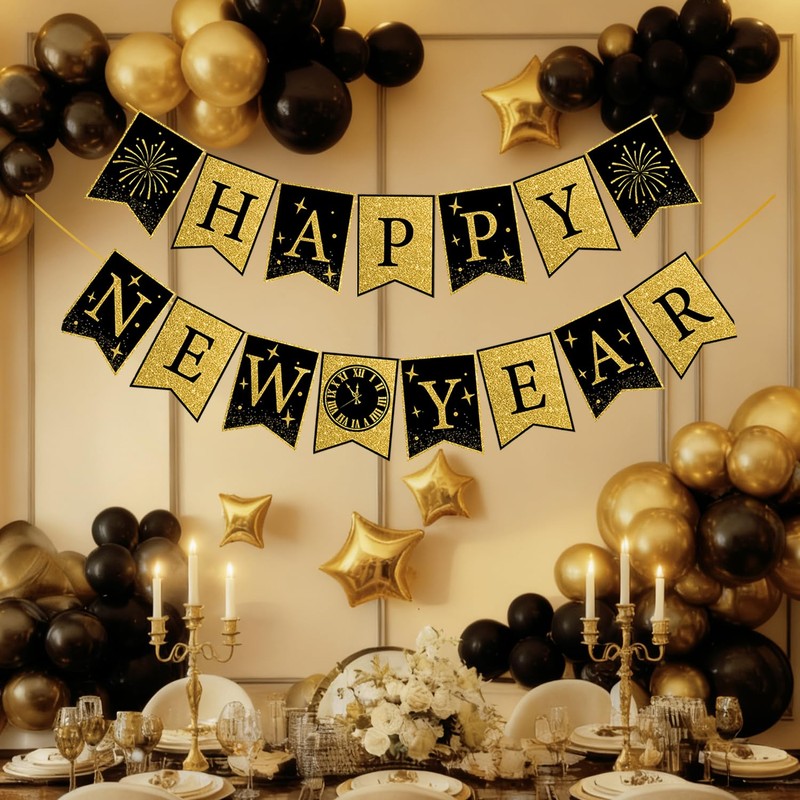 Happy New Year Banner Decorations Pre Assembled Glitter Gold Black