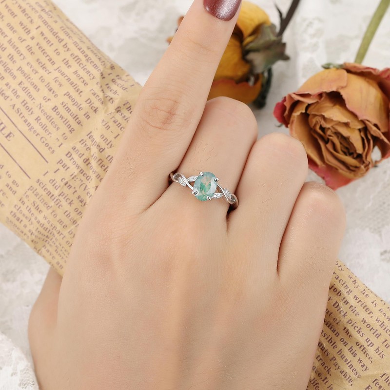 IRROYA Natural Fashion Moss Agate Women's Wedding Ring 1.5CT Oval