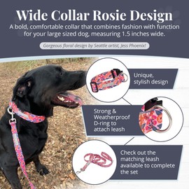 Lucky Love Dog Wide Dog Collar - Adjustable, Durable, Soft Webbing, & Comfortable 1.5 inch Wide Collar with Strong Buckle for Dogs Male and Female - in Floral Rosie Pattern, Large Size