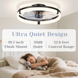 JOFIOS Ceiling Fans with Lights,19.7" Flush Mount Ceiling Fan with Light and Remote,Reversible,3 CCT,6 speeds,Dimmable,Noiseless, Black Ceiling Fan for Bedroom, Kitchen,Living Room(Assembly required)