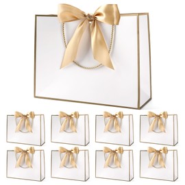 Gift Bag with Bow, White Gift Bag for Birthday, Wedding, Christmas, 32 x 25 x 10 cm (White, Pack of 8)