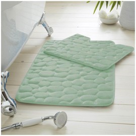 VELVETIO Pebbles Stone Bath Mat & Pedestal Set for Bathroom, Water Absorbent Non Slip 2 Piece Toilet Mats, Extra Soft Shower & Bathtub Rug, (50x80, 50x40 cm), Sage Green