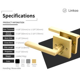 Linkaa Passage Gold Stain Brass Door Lever, Bedroom Bathroom Door Handles Keyless Interiort, Exterior/Interior Door Handle, No Lock