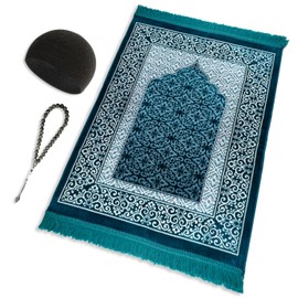 ESERRA Velvet Prayer Mat All in One Set for Islam - Thick Muslim Prayer Rug, Black Kufi Hat, Jasper Stone 33 Prayer Beads, Cotton Travel Case - Islamic Gifts (Blue)