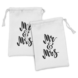 Ambesonne Mr Mrs Fabric Pouch Set of 2, Hand Drawn Brush Pen Lettering Design Curved and Swirled Lines Monochrome Words, Small Drawstring Bag for Toiletries Masks and Favors, 9" x 6", Black White