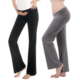 Alina Mae Maternity Women Pajama Pant Stretchy Comfy Wide Soft Palazzo Elastic Pregnancy Lounge Casual PJs (Black + Grey, 4-6)