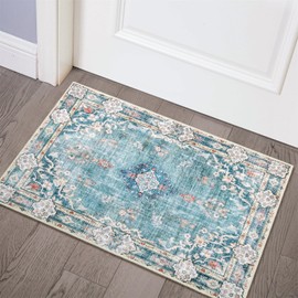 MUJOO Teal Area Rug Small Rugs Boho Machine Washable Rugs Non Slip for Entryway Kitchen Bathroom Bedroom Vintage Soft Low-Pile 2'x3' Blue Flowers Colorful