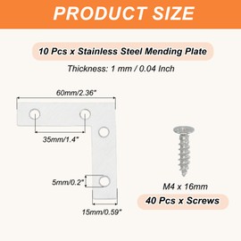 PATIKIL Flat Mending Plate 2.4"x0.6", 10 Pcs Stainless Steel L-Shape Flat Bracket for Shelves Corner Braces Brackets Metal Fixing Joining Plates for Wood Furniture Cabinet Frame Repair
