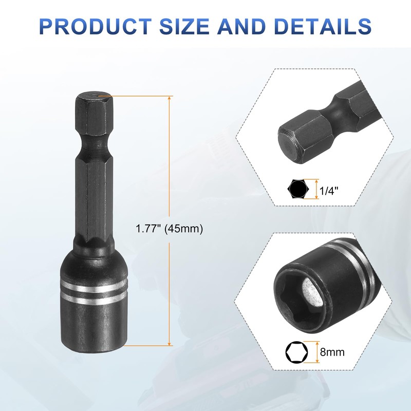 HARFINGTON 2pcs Magnetic Nut Driver 8mm Hex Drive Socket 1.89"