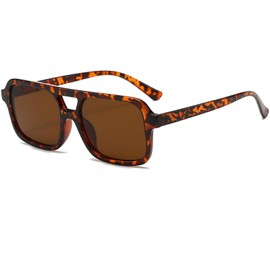 Laurinny Retro Square Sunglasses Women Men 70s Vintage Trendy Glasses Classic with Double Bridge Sunglasses, Leopard/Brown